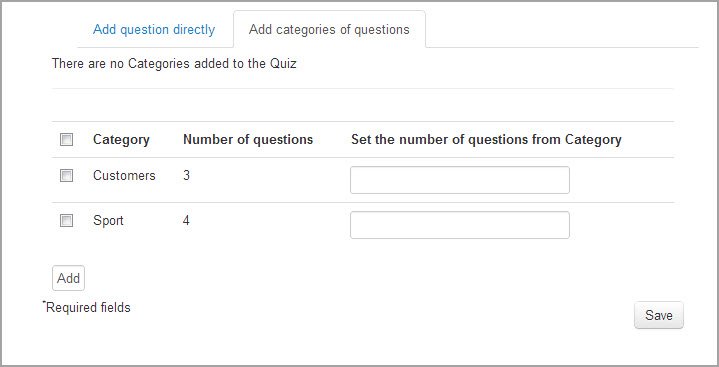 Quiz settings. Questions Tab