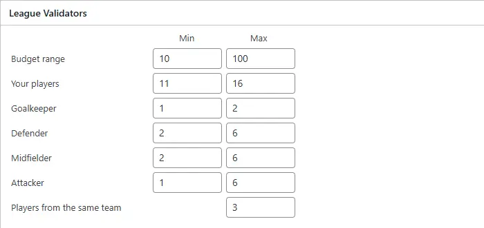 Fantasy league settings